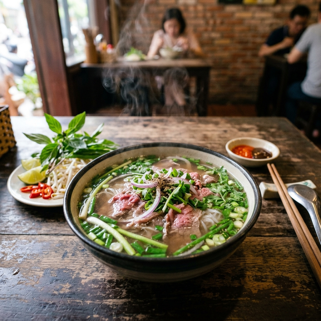 Steaming bowl of Vietnamese Beef Pho